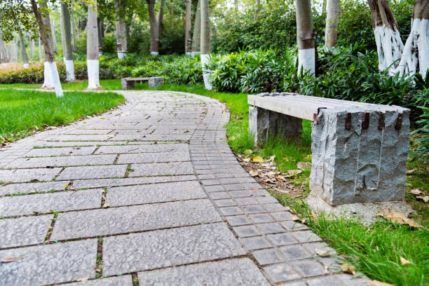 istock Stone pathway with bench in the park 1236811494