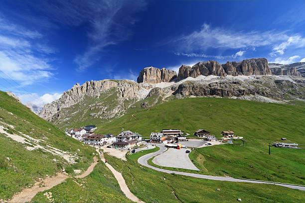 Pordoi pass and mountain stock photo