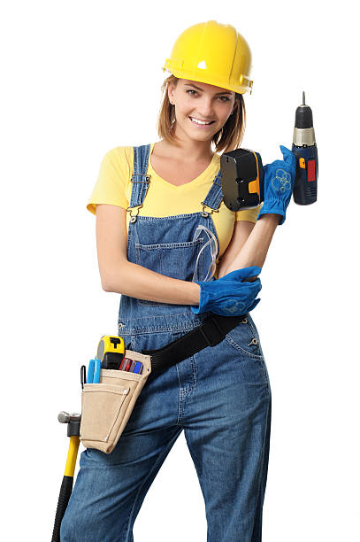 istock Young Woman Contractor Construction Carpenter with Drill on White 123686195