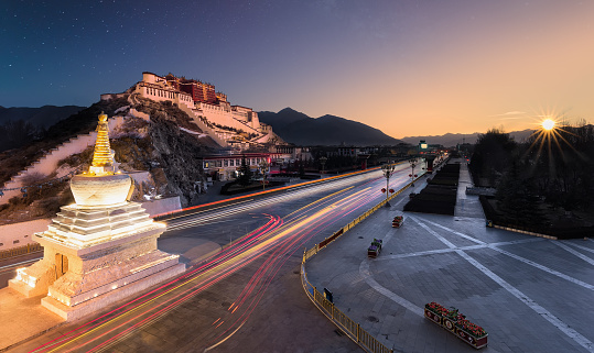 The Potal Palace in Lhasa, Tibet bathed in dramatic morning sun.
