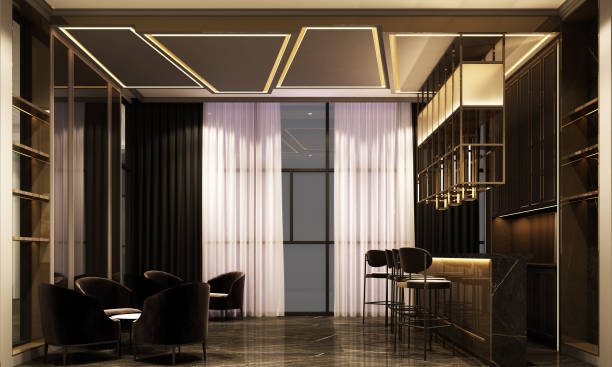istock 3D rendering of a luxury night lounge bar in a purple light 1236900938