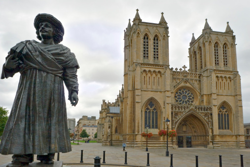 Nineteenth century statue of Ram Mohan Roy in front of Bristol Cathedral.
