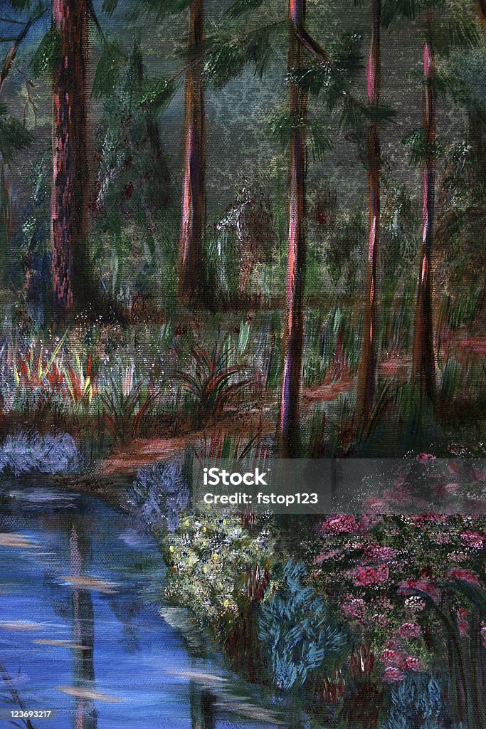 In the forest Original painting by the photographer. Lake in the woods. Loneliness stock illustration