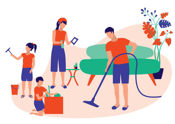 Family Cleaning House Together. Kids Helping Parents With Home Cleaning, Wipe Window And Organise Storage Box. Housekeeping And House Chores Concept. Vector Flat Cartoon Illustration. Mom Using Spray Cleaner To Clean Photo frame. Dad Vacuuming The Floor In The Living Room. father housework stock illustrations