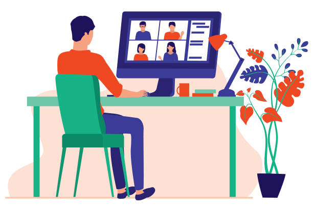 Man Working At Home Or Office. Employees Working Over A Video Conference. Man Chatting With Friends Online. Webinars And Online Virtual Meeting Concept. Vector Flat Cartoon Illustration. Freelancers Working Remotely At Home. working at home illustrations stock illustrations