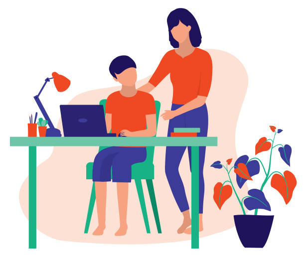 illustrazioni stock, clip art, cartoni animati e icone di tendenza di homeschooling. mamma insegna a suo figlio a fare i compiti. educazione familiare online a casa e concetto di genitorialità. illustrazione di cartone animato piatto vettoriale. - people living room mother son