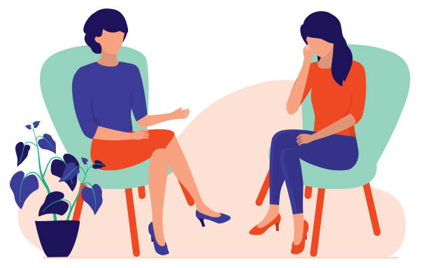 Woman Talking To A Psychotherapist Or Psychologist. Marriage Counseling And Stress Therapy Sessions Concept. Vector Flat Cartoon Illustration. Young Women Dealing With Break Down And Sad Emotions. two people illustrations stock illustrations