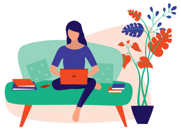 Young Women Working At Home. Lady Employees Sitting On The Sofa While Using On Her Laptop. Remote Working And Freelancing Concept. Vector Flat Cartoon Illustration. Freelancers Working Remotely At Home. woman laptop stock illustrations