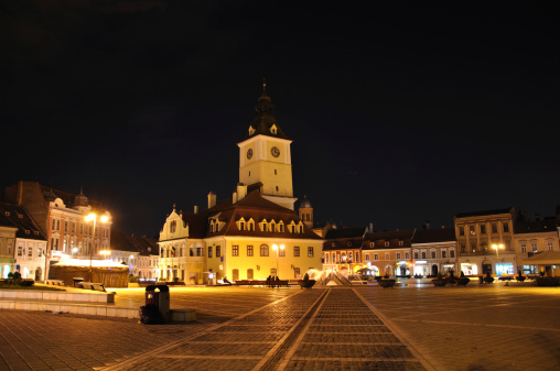 Brasov (Transylvania, Romania) main market place at dusk.