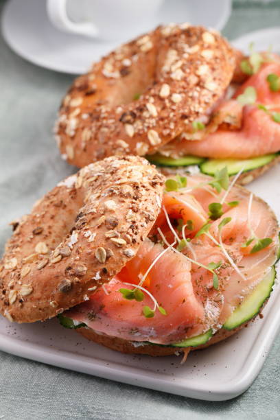 istock Bagel sandwiches with salmon and vegetables 1237035258