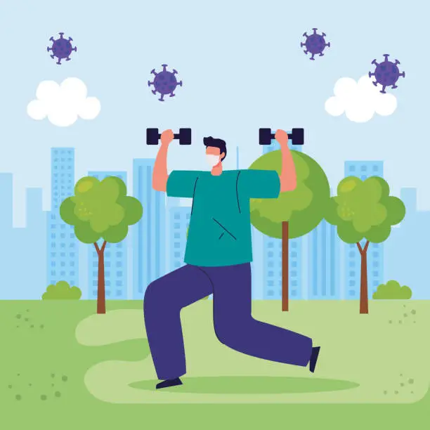 Vector illustration of man lifting weights using medical protective mask on nature landscape during covid 19 pandemic