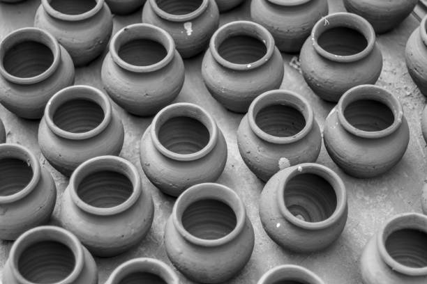istock Mud pots placed on the ground to form a beautiful pattern. Kept for cooling. 1237059847