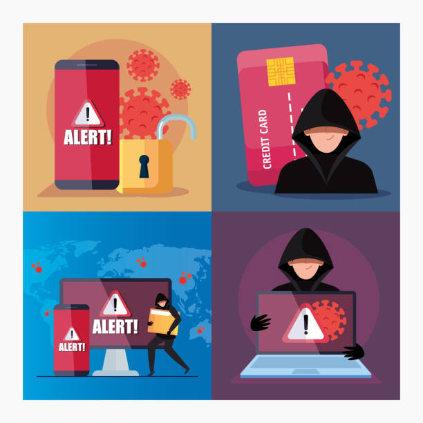 illustrations, cliparts, dessins animés et icônes de scènes ensemble, hacker avec des appareils électroniques pendant covid 19 pandémie - burglar thief internet security