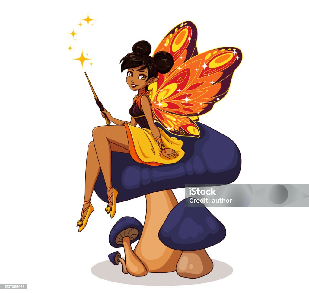 Cute Cartoon Fairy With Butterfly Wings Sitting On Flower Girl With Brown  Buns Wearing Yellow Dress Hand Drawn Vector Illustration Stock Illustration  - Download Image Now - iStock