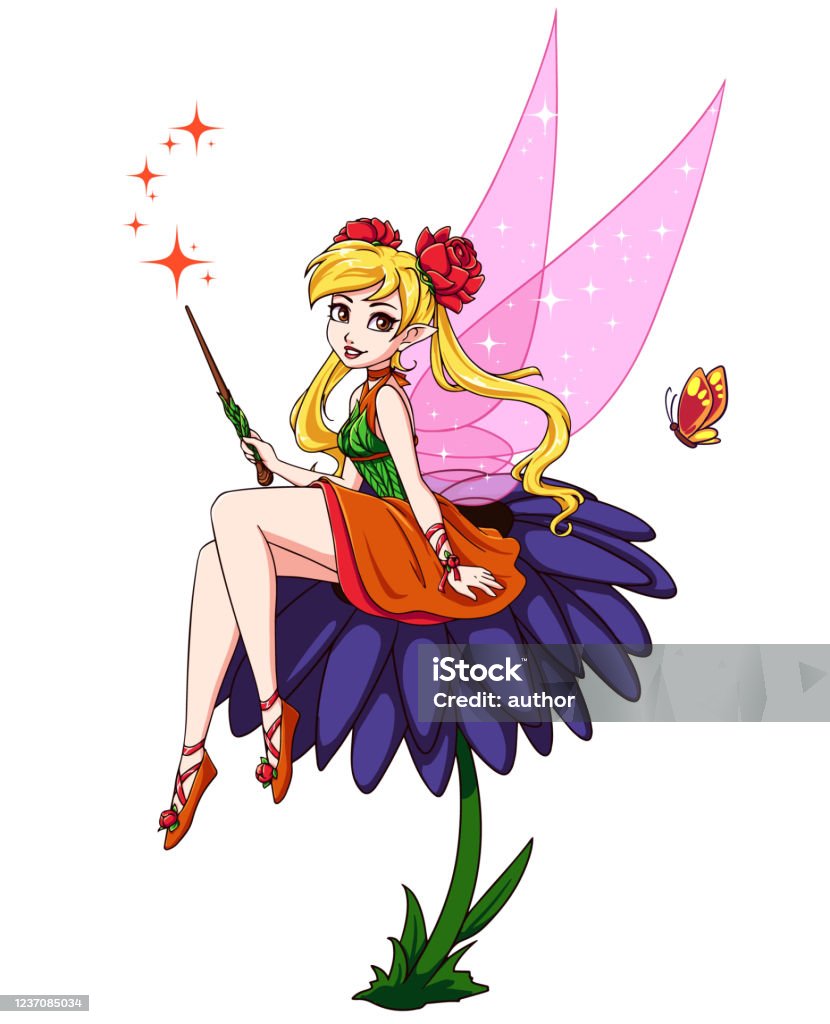 Cute Cartoon Fairy Sitting On Flower Girl With Brown Ponytails Wearing  Green Dress Hand Drawn Vector Illustration Stock Illustration - Download  Image Now - iStock