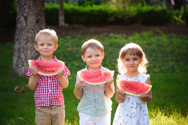 istock Funny kids eating watermelon outdoors in summer park. 1237094470