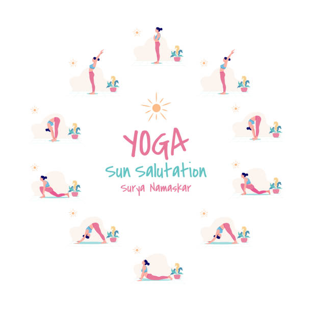 illustrations, cliparts, dessins animés et icônes de ensemble d’illustration de vecteur de l’exercice de yoga sun salutation / surya namaskar. femmes minces dans différentes positions de yoga, fitness d’entraînement de yoga de femme, ensemble d’illustration de vecteur. - salutation au soleil