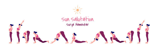 ilustrações, clipart, desenhos animados e ícones de conjunto de ilustração vetorial do exercício de yoga sun salutation / surya namaskar. mulheres magras em diferentes posições de yoga, fitness de treino de yoga feminino, conjunto de ilustração vetorial. - saudação ao sol