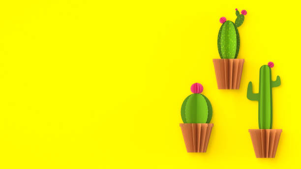 istock Paper cut cactus set, yellow background, decoration element, space for text, top view. Paper colorful plant, tropical concept. Summer colors, cute flowers, succulent composition, minimalist image. 1237150514