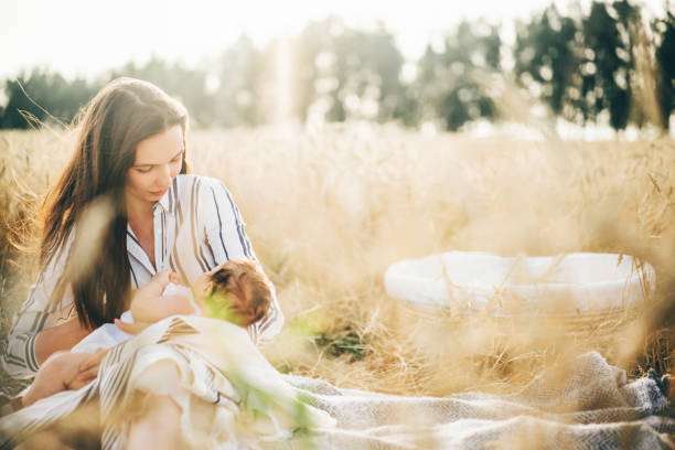 baby girl allattamento al seno nel prato natura - natura di madre foto e immagini stock