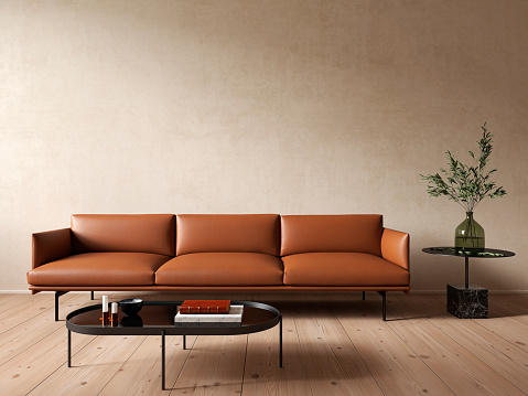 Modern minimalist beige interior with leather orange sofa and coffee table. 3d render illustration mock up.