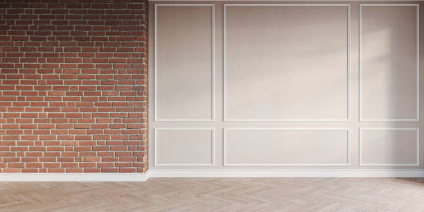 istock Modern classic beige empty interior with brickwall, wall panels and wooden floor. 3d render illustration mock up. 1237221079