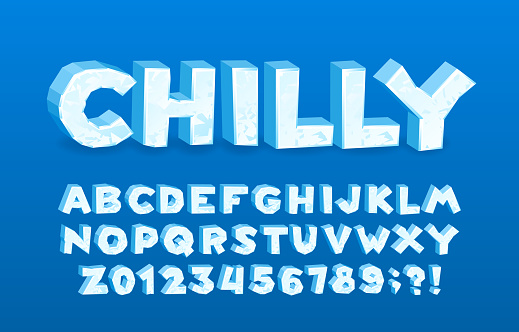 Chilly alphabet font. 3D cartoon ice letters and numbers. Stock vector typescript for your typography design.