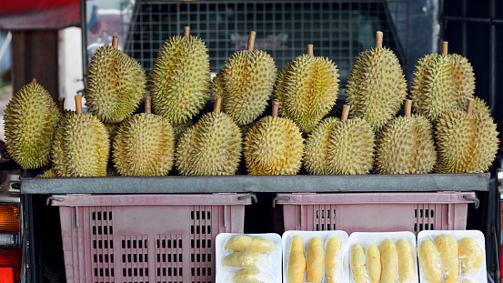 Thai durians for sale on pick-up in Bangkok