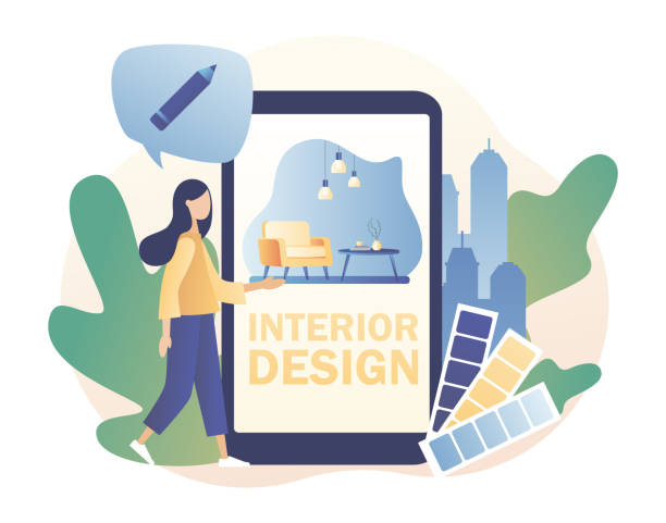 illustrazioni stock, clip art, cartoni animati e icone di tendenza di concetto di studio di interior design. piccola designer di ragazze che progetta decorazioni d'interni nell'app mobile. servizio di decorazione della casa. moderno stile cartone animato piatto. illustrazione vettoriale su sfondo bianco - disegnatore dinterni