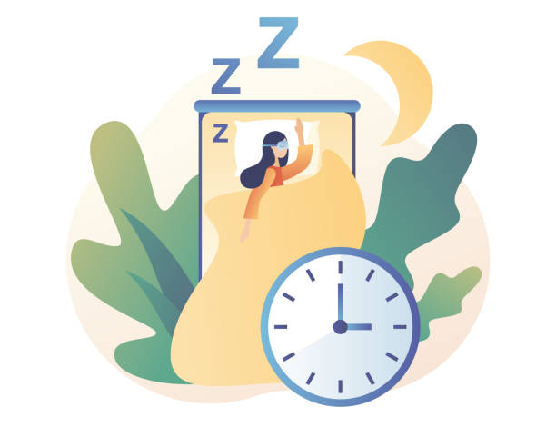 수면 제어. 수면 시간. 좋은 꿈꾸세요. 좋은 건강과 생물학적 리듬의 작업. 침대에서 밤에 자고있는 작은 여자. 현대 평면 만화 스타일입니다. 흰색 배경의 벡터 그림 - biological clock stock illustrations