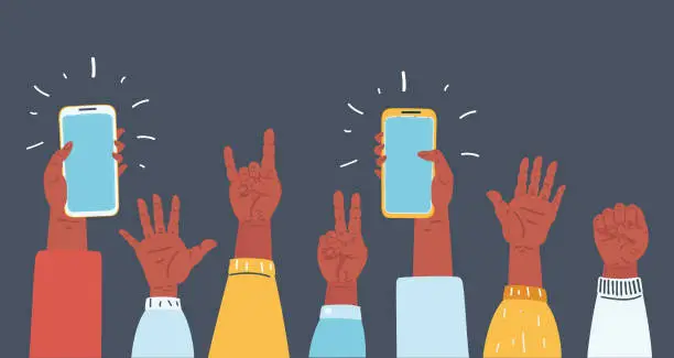 Vector illustration of Hands up in The Air and take photos.