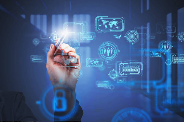 istock Woman hand works with business interface in office 1237302340