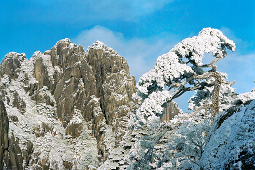 Snow storm clearing in Huangshan national Park, (Yellow Mountain), Anhui Province, China.