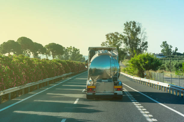 tank truck for transporting food liquids - semi skimmed milk imagens e fotografias de stock