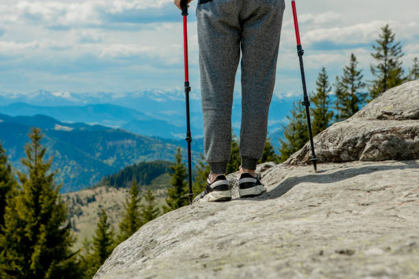 istock Young, carefree boy climbing up solid huge rocks, using poles to make it easy to reach the top, enjoying the view of natural wonders on the way 1237321704