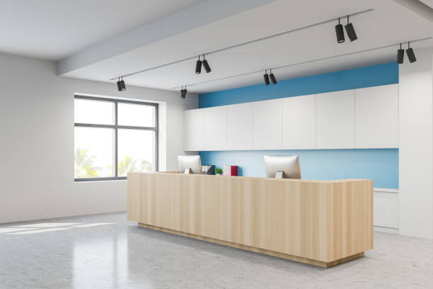 istock Reception in white and blue hospital lobby corner 1237333479