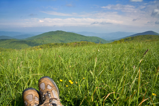 Hiker resting in meadow with mountains in background.
