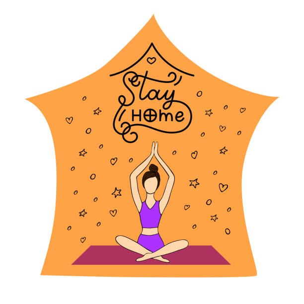 ilustrações, clipart, desenhos animados e ícones de meditação. uma garota medita em casa durante a quarentena. a inscrição fica em casa. - white background yoga backgrounds relaxation exercise