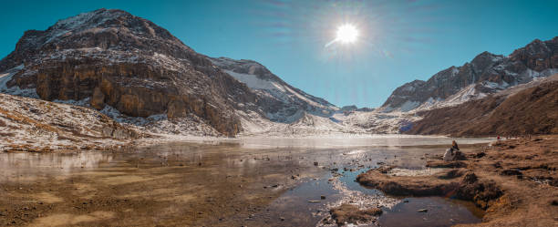 breathtaking panorama of milk lake with snow capped mountains at ya ding nature reserve located at dao cheng county - dao cheng imagens e fotografias de stock