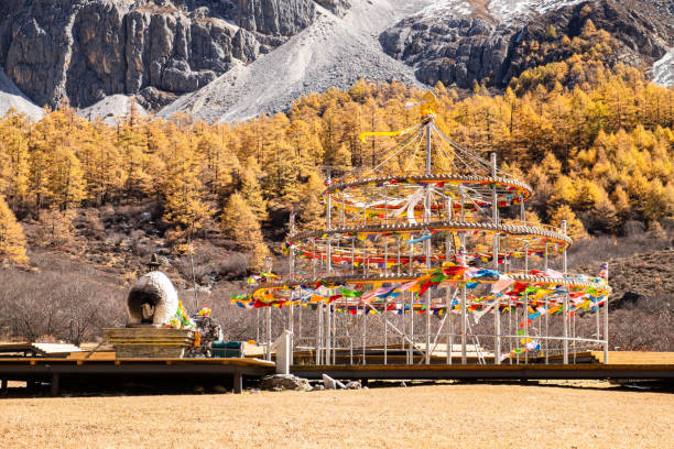 colorful tibetan prayer flag at ya ding nature reserve located at dao cheng county - dao cheng imagens e fotografias de stock