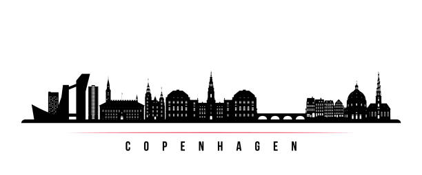 ilustrações de stock, clip art, desenhos animados e ícones de copenhagen skyline horizontal banner. black and white silhouette of copenhagen, denmark. vector template for your design. - architecture art backgrounds church