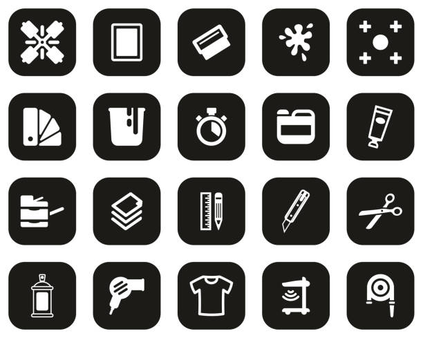 ilustraciones, imágenes clip art, dibujos animados e iconos de stock de iconos de impresión de pantalla blanco sobre negro diseño plano conjunto grande - black pencil flash