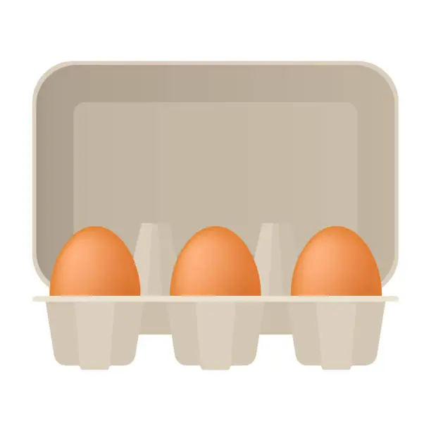 Vector illustration of Six brown chicken eggs in a cardboard box. Side view. Vector stock flat illustration isolated on a white background