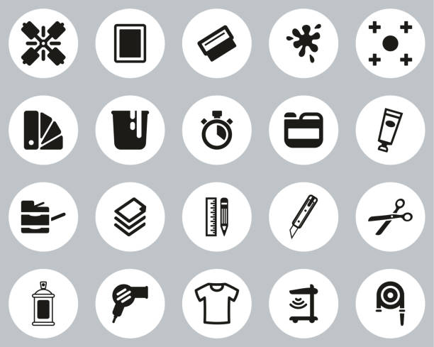 ilustraciones, imágenes clip art, dibujos animados e iconos de stock de iconos de impresión de pantalla negro & blanco diseño plano círculo conjunto grande - black pencil flash