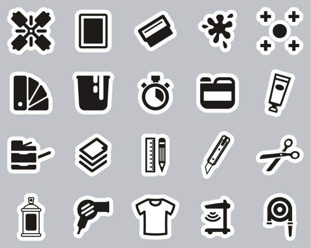 ilustraciones, imágenes clip art, dibujos animados e iconos de stock de iconos de impresión de pantalla negro & blanco pegatina conjunto grande - black pencil flash