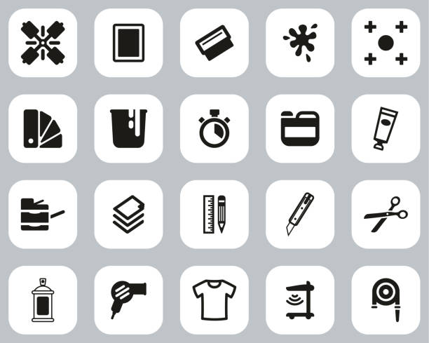 ilustraciones, imágenes clip art, dibujos animados e iconos de stock de iconos de impresión de pantalla negro & blanco diseño plano conjunto grande - black pencil flash