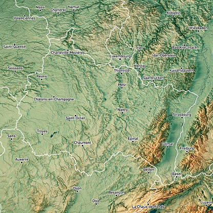 3D Render of a Topographic Map of the region Grand Est in France. Version with Boundaries and Cities.\nAll source data is in the public domain.\nColor texture: Made with Natural Earth. \nhttp://www.naturalearthdata.com/downloads/10m-raster-data/10m-cross-blend-hypso/\nRelief texture: NASADEM data courtesy of NASA JPL (2020). URL of source image: \nhttps://doi.org/10.5067/MEaSUREs/NASADEM/NASADEM_HGT.001\nWater texture: SRTM Water Body SWDB:\nhttps://dds.cr.usgs.gov/srtm/version2_1/SWBD/\nBoundaries Level 0: Humanitarian Information Unit HIU, U.S. Department of State (database: LSIB)\nhttp://geonode.state.gov/layers/geonode%3ALSIB7a_Gen