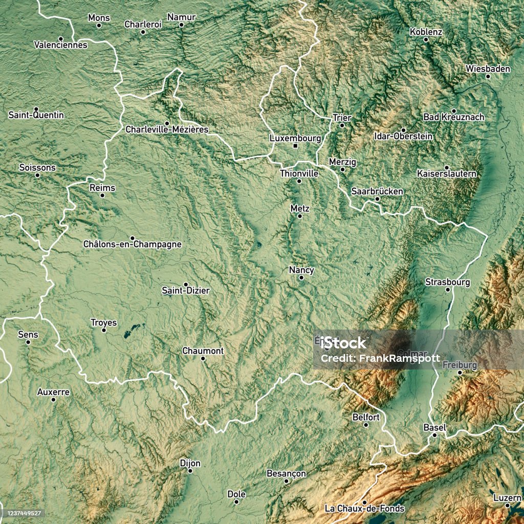 Grand Est 3D Render Topographic Map Color Border Cities 3D Render of a Topographic Map of the region Grand Est in France. Version with Boundaries and Cities.
All source data is in the public domain.
Color texture: Made with Natural Earth. 
http://www.naturalearthdata.com/downloads/10m-raster-data/10m-cross-blend-hypso/
Relief texture: NASADEM data courtesy of NASA JPL (2020). URL of source image: 
https://doi.org/10.5067/MEaSUREs/NASADEM/NASADEM_HGT.001
Water texture: SRTM Water Body SWDB:
https://dds.cr.usgs.gov/srtm/version2_1/SWBD/
Boundaries Level 0: Humanitarian Information Unit HIU, U.S. Department of State (database: LSIB)
http://geonode.state.gov/layers/geonode%3ALSIB7a_Gen Map Stock Photo