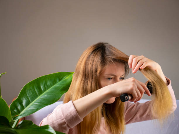 istock Young woman combs her brown hair using the brush 1237450050