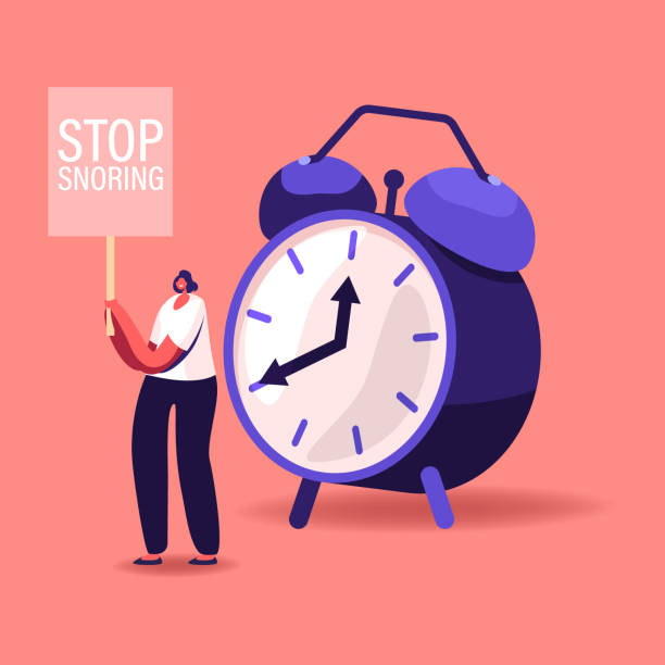 istock Tiny Female Character Stand at Huge Alarm Clock with Banner Stop Snoring in Hands. Breathing Disease, Noise Pollution Asleep Angry Woman Protesting against Sleeping Snore. Cartoon Vector Illustrations 1237467016